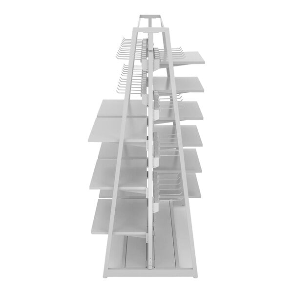 A white metal Econoco A-Frame Outrigger shelf with shelves on it.