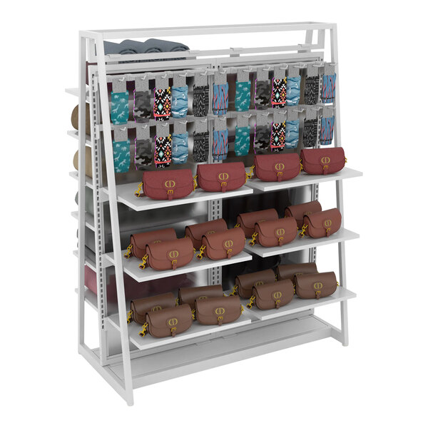 An Econoco white double-sided retail shelf with bags and purses on it.