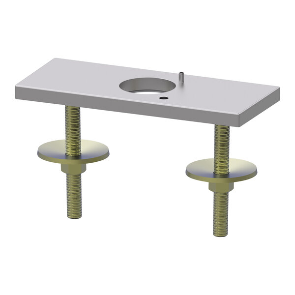 A stainless steel rectangular Delta deck faucet plate with a hole in the center and two screws.