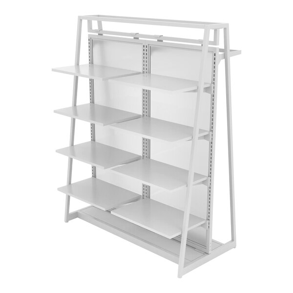 A glossy white Econoco A-Frame Outrigger with shelves on it.