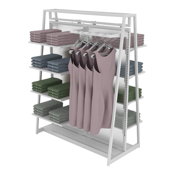 An Econoco glossy white A-frame outrigger retail clothing rack with clothes on it.