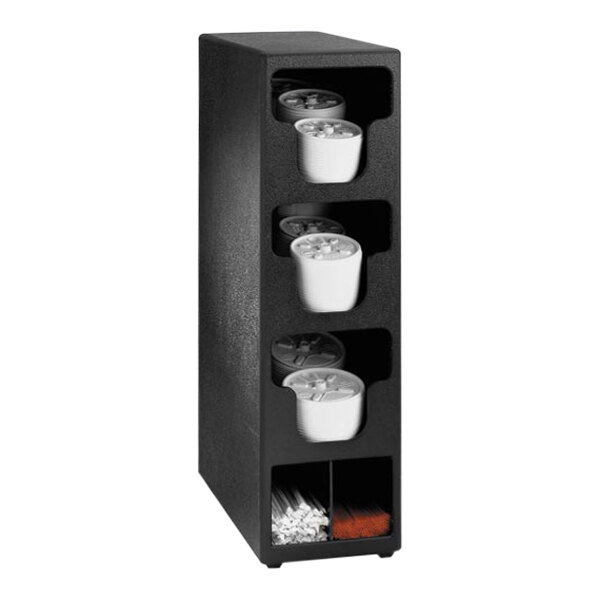 A black Dispense-Rite countertop lid and straw organizer with white containers.