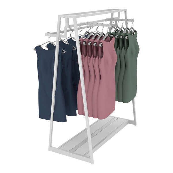 An Econoco glossy white double-sided A-frame retail clothing rack with 2 hangrails and 2 faceouts filled with dresses.