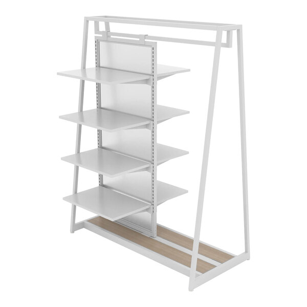 A white metal Econoco A-Frame Outrigger with shelves on it.