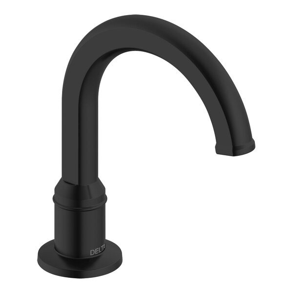 A Delta hands-free matte black faucet with a round base.
