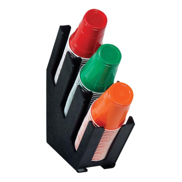 A black Dispense-Rite countertop holder with three sections holding plastic cups.