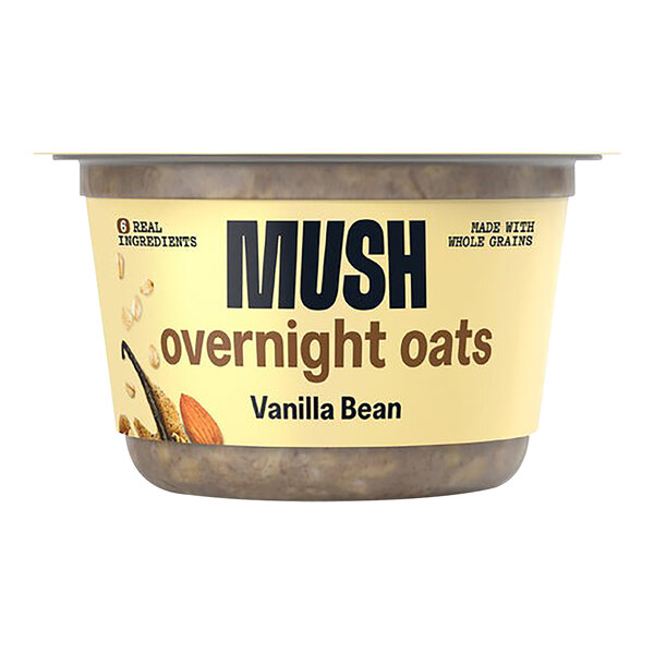 A case of MUSH Vanilla Bean Overnight Oats with a yellow label.