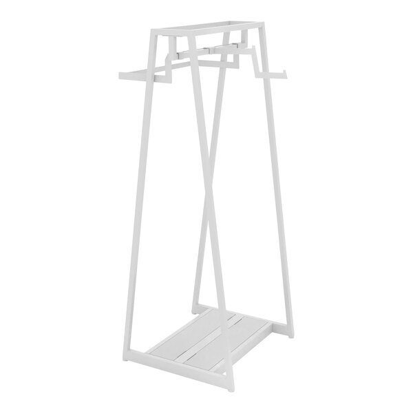 A white metal retail clothing rack with shelves.
