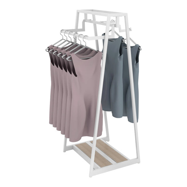 A glossy white Econoco A-frame retail clothing rack with dresses hanging on it.
