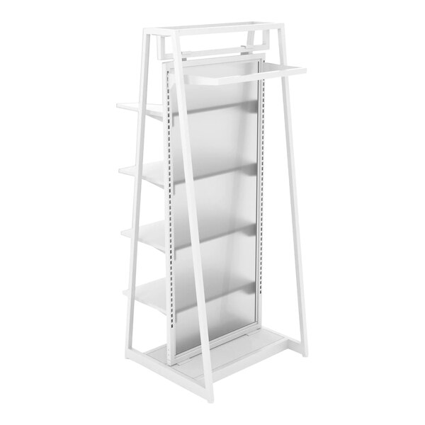 A glossy white Econoco A-Frame Outrigger display rack with shelves on it.
