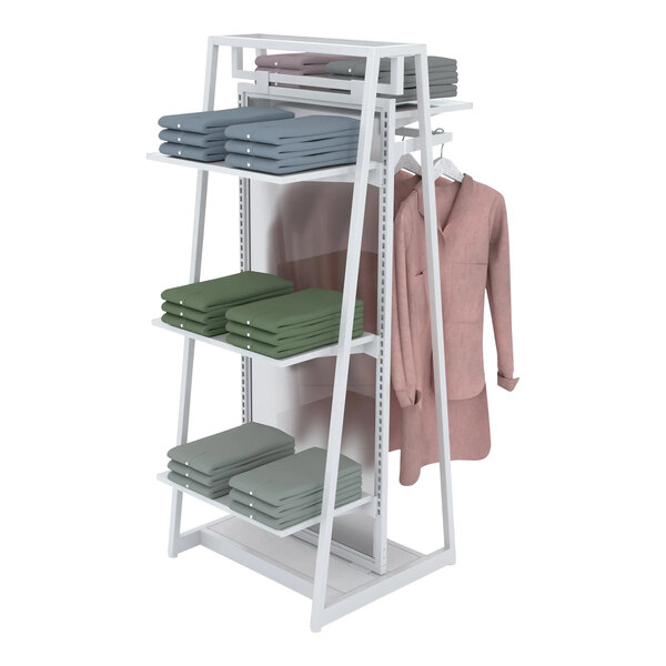 An Econoco white A-frame retail clothing rack with shelves holding folded clothes.