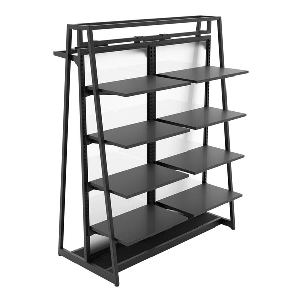 A black Econoco A-Frame Outrigger with shelves and glass panels.