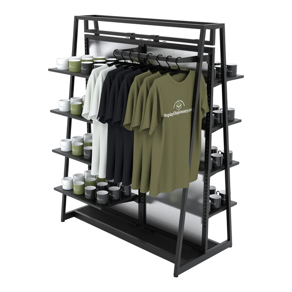 An Econoco double-sided retail clothing rack with adjustable shelves, hangrail, and frosted panels holding different colored shirts.