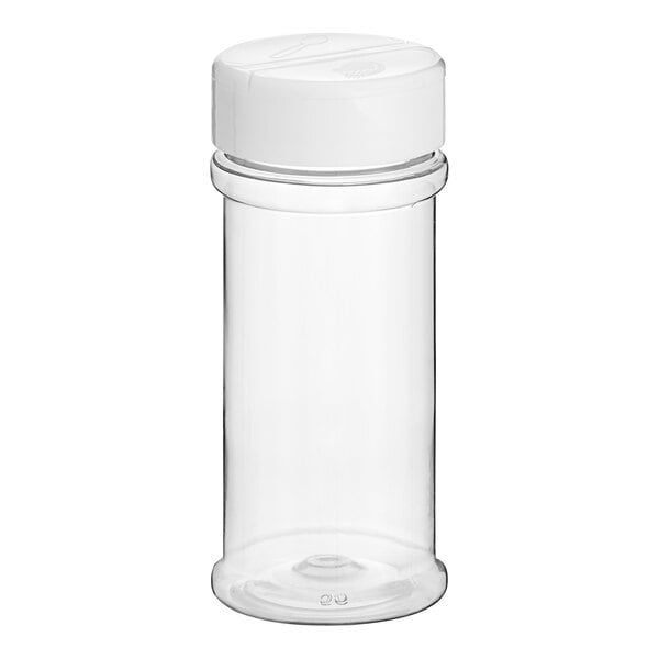 A clear plastic round spice container with a white dual flapper lid with 3 holes.