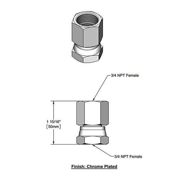 A drawing of a T&S swivel connector with 3/4" NPT connections.