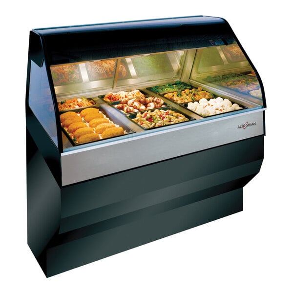 An Alto-Shaam black heated countertop display case with food in it.