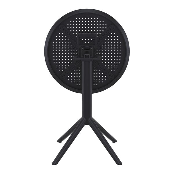 A Siesta Sky black plastic round folding table with holes on it.