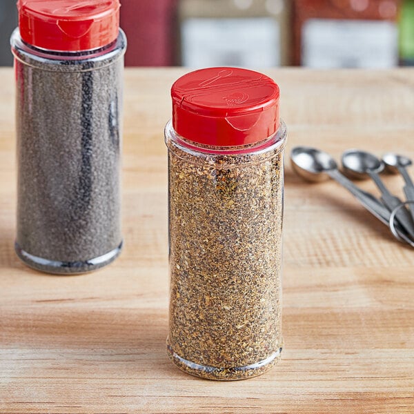 12 oz. Round Plastic Spice Container and 53/485 Black Induction-Lined Dual Flapper Lid with 7 Holes - 170/Case