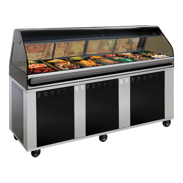 An Alto-Shaam black heated countertop food display case with short mobile base and glass top.