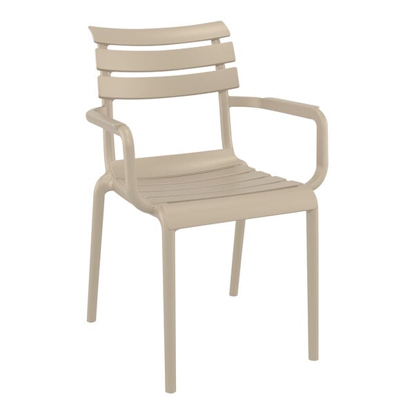 A tan plastic Siesta Paris outdoor dining arm chair.