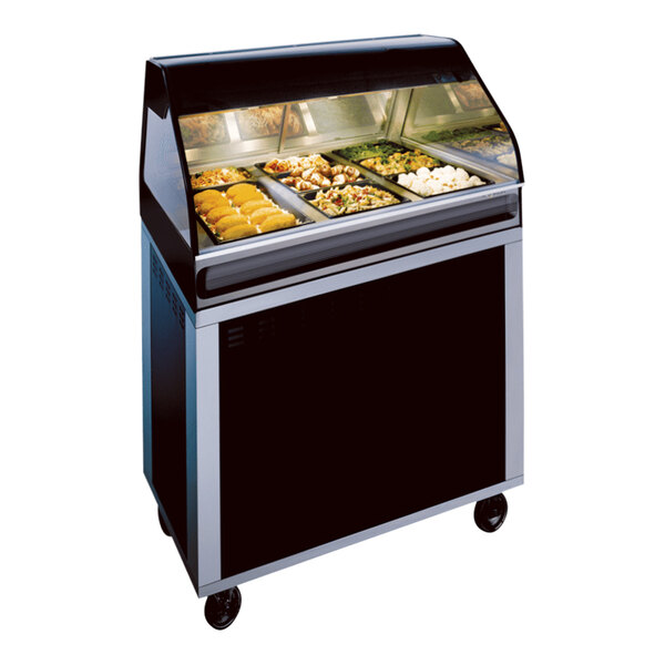 A black Alto-Shaam heated food display case on a short mobile base.