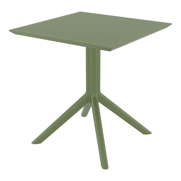 A Siesta Sky olive green square table on a metal base.