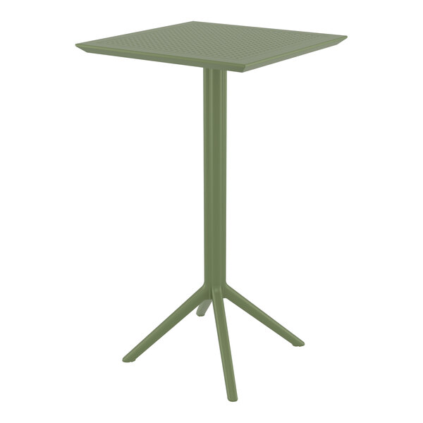 A Siesta Sky olive green square bar height folding table with a metal base.