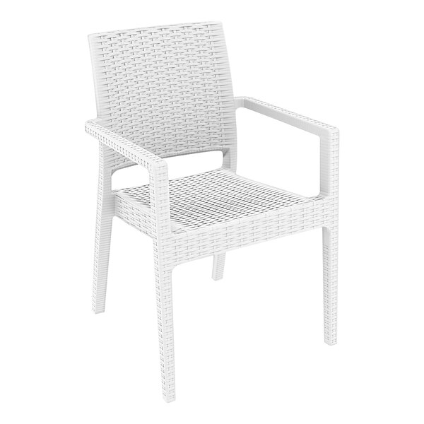 A white wicker-look resin outdoor dining arm chair.