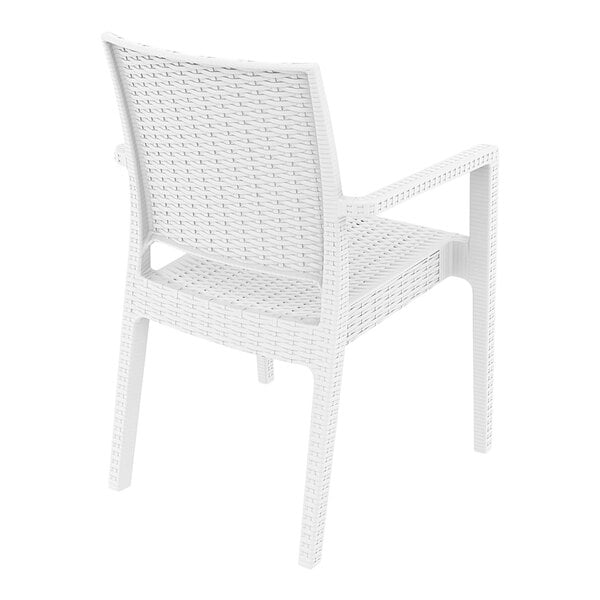 A Siesta white plastic outdoor dining arm chair with a backrest and armrests.