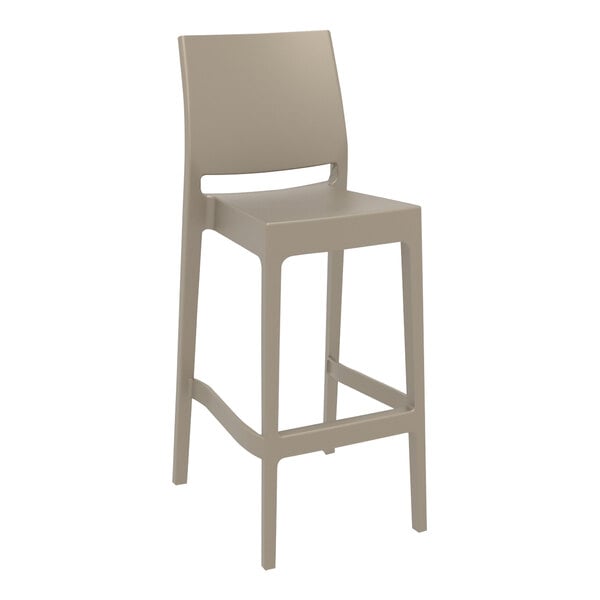 A Siesta Maya taupe bar stool with a wooden backrest on a white background.