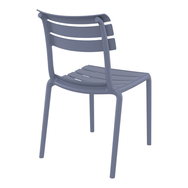 A dark gray plastic chair with a backrest.