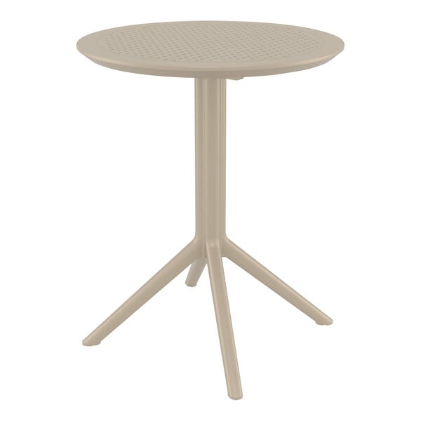 A Siesta Sky taupe round folding table with a metal base and legs.