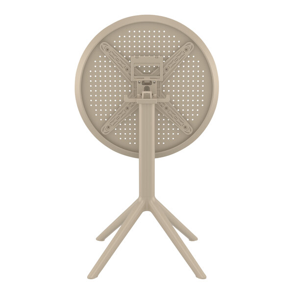 A round taupe Siesta Sky foldable table with a metal stand.
