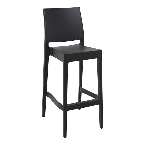 A Siesta Maya black bar stool with a back on a white background.