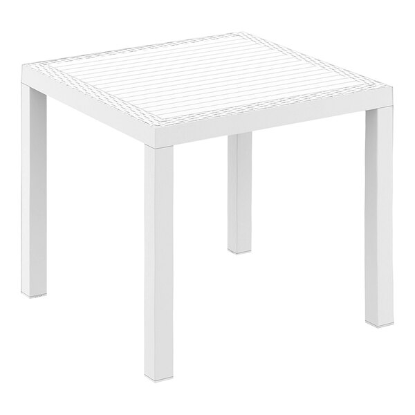 A Siesta Orlando white wicker-look square table with legs.