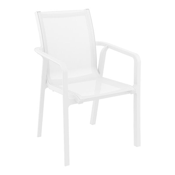 A Siesta Pacific white resin outdoor arm chair with white sling and armrests.