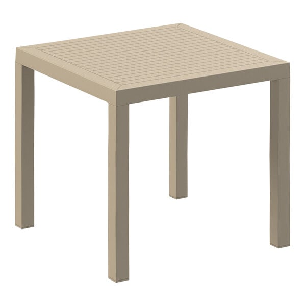 A Siesta Ares taupe table with legs and a square top.
