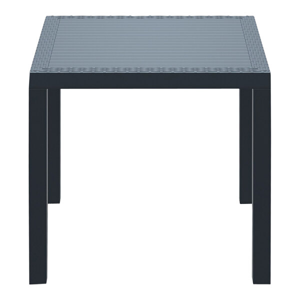 A dark gray square wicker-look table with a glass top.