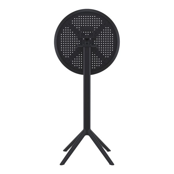 A black round Siesta Sky bar height folding table with a metal tripod stand.