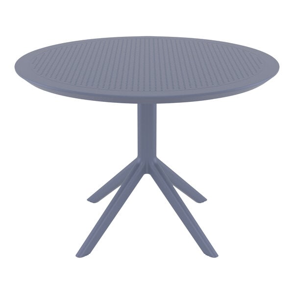 A Siesta Sky round table with a dark gray top and metal base.