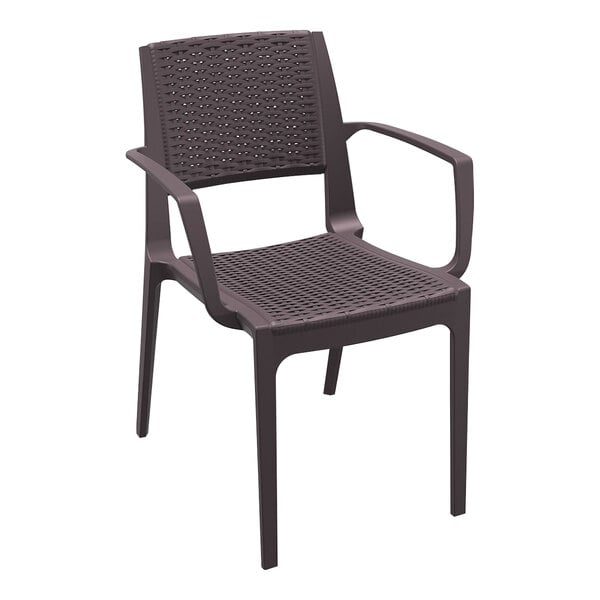 A Siesta Capri brown plastic outdoor dining arm chair with armrests.