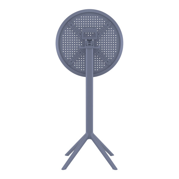 A Siesta Sky dark gray round metal bar height folding table with holes in the top.