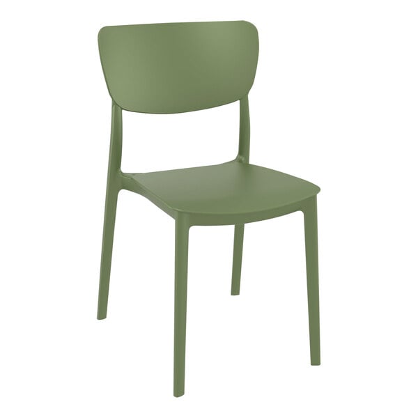 A Siesta Monna olive green resin outdoor dining chair with a backrest.