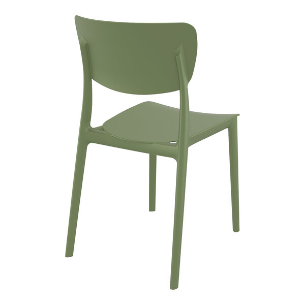 An olive green resin Siesta Monna outdoor dining chair with a backrest.