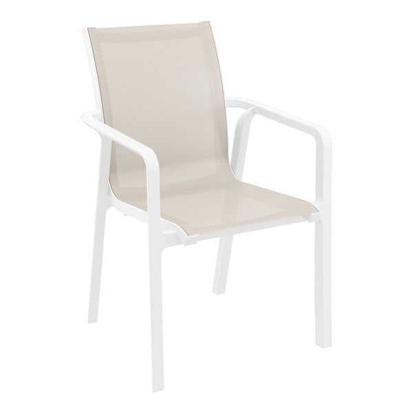 A Siesta Pacific white resin outdoor arm chair with taupe sling and white armrests.