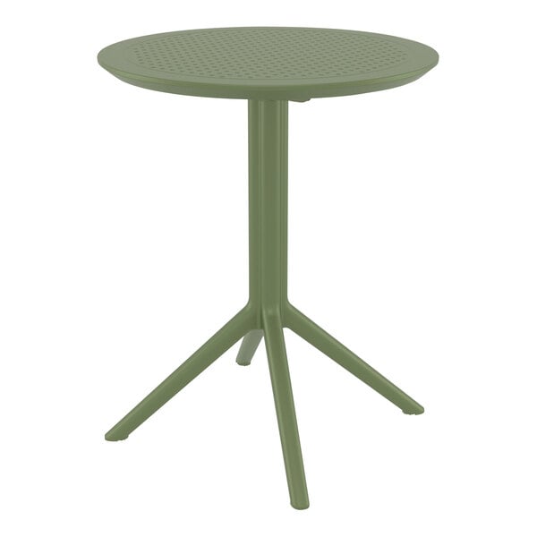 A Siesta Sky olive green round table with a metal base.