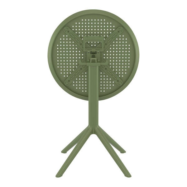 A Siesta Sky olive green round plastic table on a metal stand with white background.