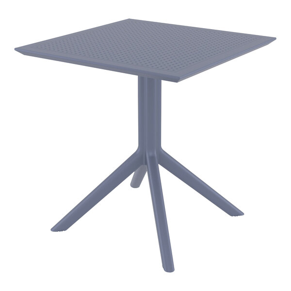 A Siesta Sky dark gray square table with a metal base and legs.