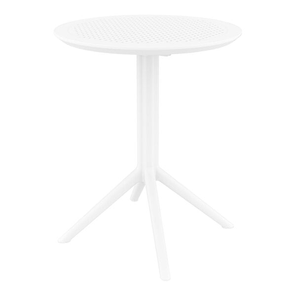 A Siesta Sky white round table with a white surface and metal legs.
