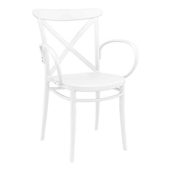 A white Siesta Cross XL outdoor dining arm chair with curved armrests.
